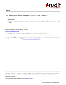 The Miíkmaq, Poor Settlers, and the Nova Scotia Fur Trade, 1783-1853"