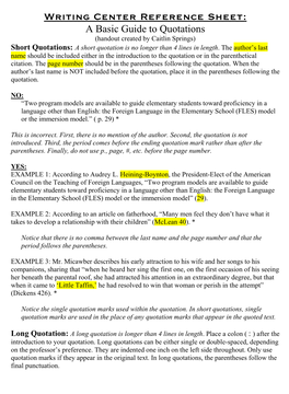 WRITING CENTER REFERENCE Sheet