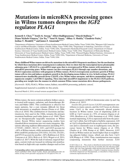 Mutations in Microrna Processing Genes in Wilms Tumors Derepress the IGF2 Regulator PLAG1