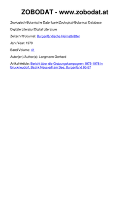 Bericht Über Die Grabungskampagnen 1975—1978 in Bruckneudorf, Bezirk Neusiedl Am See, Burgenland Von Gerhard Langmann, Wien