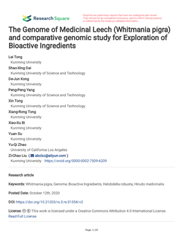 The Genome of Medicinal Leech (Whitmania Pigra) and Comparative Genomic Study for Exploration of Bioactive Ingredients