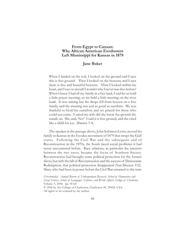 From Egypt to Canaan: Why African American Exodusters Left Mississippi for Kansas in 1879 Jane Baker