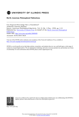 Can Empirical Knowledge Have a Foundation? Author(S): Laurence Bonjour Source: American Philosophical Quarterly, Vol