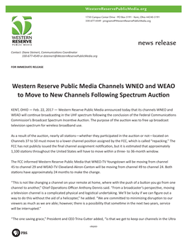 Western Reserve Public Media Channels WNEO and WEAO to Move to New Channels Following Spectrum Auction