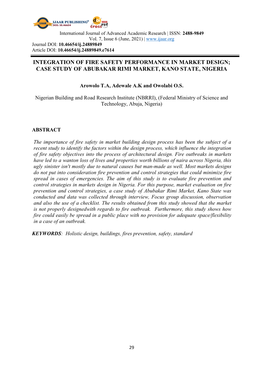 Integration of Fire Safety Performance in Market Design; Case Study of Abubakar Rimi Market, Kano State, Nigeria