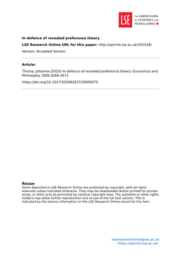 In Defence of Revealed Preference Theory LSE Research Online URL for This Paper: Version: Accepted Version