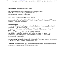 Functional Interrogation of Lynch Syndrome Associated MSH2 Missense Variants Using CRISPR-Cas9 Gene Editing in Human Embryonic Stem Cells