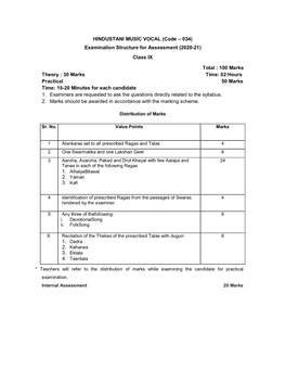 HINDUSTANI MUSIC VOCAL (Code – 034) Examination Structure for Assessment (2020-21) Class IX