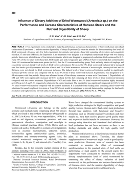 Influence of Dietary Addition of Dried Wormwood (Artemisia Sp.)