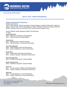 Special Recognitions ASAA 4A Basketball Champions Wasilla High