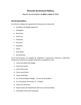 Dirección De Servicios Públicos Reporte De Actividades De Abril a Junio De 2018