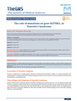 The Role of Mutations on Gene SLITRK1, in Tourette's Syndrome