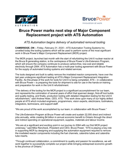 Bruce Power Marks Next Step of Major Component Replacement Project with ATS Automation