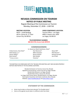 NEVADA COMMISSION on TOURISM NOTICE of PUBLIC MEETING Regular Meeting of the Commission on Tourism Monday, December 17, 2018 – 1:00 P.M