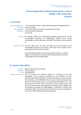 Archaeology Works Method Statement for a Site at Walker's Hill, Annacotty