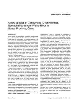 A New Species of Triplophysa (Cypriniformes, Nemacheilidae) from Weihe River in Gansu Province, China