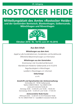 ROSTOCKER HEIDE Mitteilungsblatt Des Amtes »Rostocker Heide« Und Der Gemeinden Bentwisch, Blankenhagen, Gelbensande, Mönchhagen Und Rövershagen