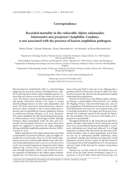 Recorded Mortality in the Vulnerable Alpine Salamander, Salamandra Atra Prenjensis (Amphibia: Caudata), Is Not Associated with T