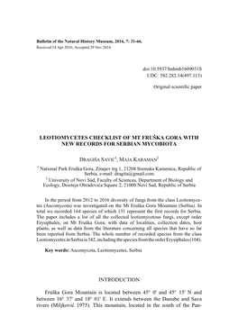 Leotiomycetes Checklist of Mt Fruška Gora with New Records for Serbian Mycobiota