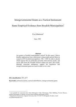 Intergovernmental Grants As a Tactical Instrument: Some
