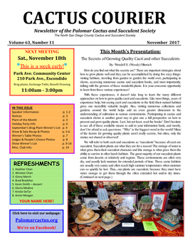 CACTUS COURIER Newsletter of the Palomar Cactus and Succulent Society the North San Diego County Cactus and Succulent Society