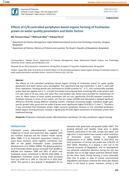 Effects of C/N Controlled Periphyton Based Organic Farming of Freshwater Prawn on Water Quality Parameters and Biotic Factors