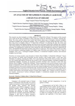 AN ANALYSIS of METAPHOR in COLDPLAY ALBUM of a HEAD FULL of DREAMS Anggi Yusaputra1)Suharni2)Dian Mega Putri3)
