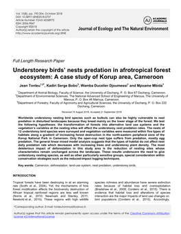 Understorey Birds' Nests Predation in Afrotropical Forest Ecosystem