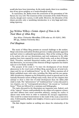 Jay Weldon Wilkey-Certain Aspects Oj Form Zn the Vocal Music Oj Alban Berg Ann Arbor: University Microfilms (UM Order No