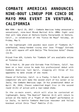Combate Americas Announces Nine-Bout Lineup for Cinco De Mayo Mma Event in Ventura, California