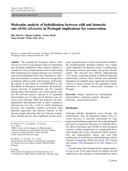 Molecular Analysis of Hybridisation Between Wild and Domestic Cats (Felis Silvestris) in Portugal: Implications for Conservation