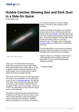 Hubble Catches Glowing Gas and Dark Dust in a Side-On Spiral 24 September 2012