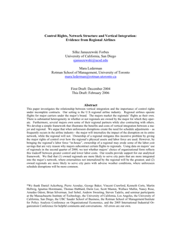 Control Rights, Network Structure and Vertical Integration: Evidence from Regional Airlines