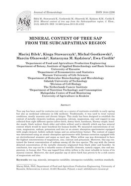 Mineral Content of Tree Sap from the Subcarpathian Region