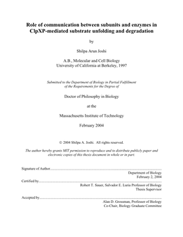 Role of Communication Between Subunits and Enzymes in Clpxp-Mediated Substrate Unfolding and Degradation