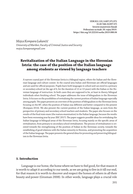 Revitalization of the Italian Language in the Slovenian Istria: the Case of the Position of the Italian Language Among Students As Viewed by Language Teachers