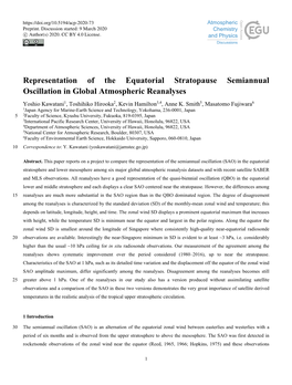 Representation of the Equatorial Stratopause Semiannual Oscillation in Global Atmospheric Reanalyses Yoshio Kawatani1, Toshihiko Hirooka2, Kevin Hamilton3,4, Anne K