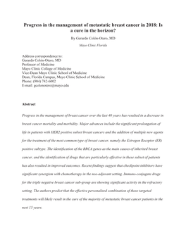 Progress in the Management of Metastatic Breast Cancer in 2018: Is a Cure in the Horizon? by Gerardo Colón-Otero, MD
