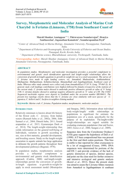 Survey, Morphometric and Molecular Analysis of Marine Crab Charybd Is Feriatus (Linnaeus, 1758) from Southeast Coast of India