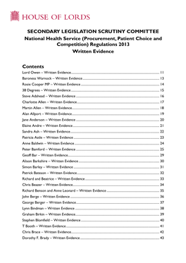 SECONDARY LEGISLATION SCRUTINY COMMITTEE National Health Service (Procurement, Patient Choice and Competition) Regulations 2013 Written Evidence