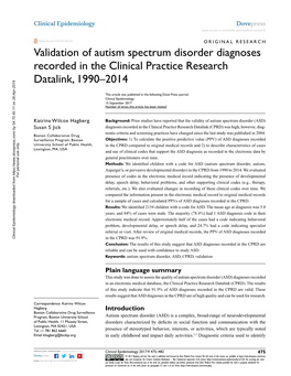 Validation of Autism Spectrum Disorder Diagnoses Recorded in the Clinical Practice Research Datalink, 1990–2014