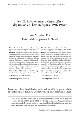 La Destrucción Y Depuración De Libros En España (1936-1948)