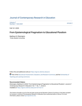 From Epistemological Pragmatism to Educational Pluralism