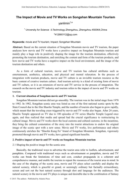 The Impact of Movie and TV Works on Songshan Mountain Tourism Yanlimin1,A