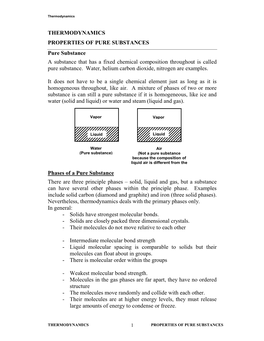 THERMODYNAMICS PROPERTIES of PURE SUBSTANCES Pure Substance a Substance That Has a Fixed Chemical Composition Throughout Is Called Pure Substance