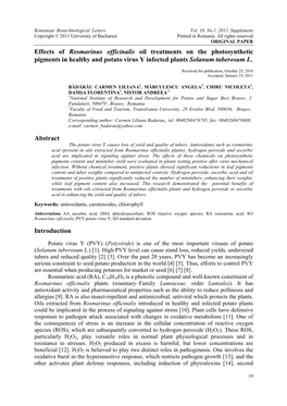 Effects of Rosmarinus Officinalis Oil Treatments on the Photosynthetic Pigments in Healthy and Potato Virus Y Infected Plants Solanum Tuberosum L