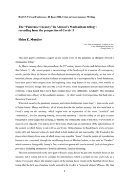 The “Pandemic Uncanny” in Atwood's Maddaddam Trilogy: Rereading from the Perspective of Covid-19 Helen E. Mundler