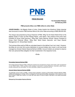 25 February 2018 Pnb Presents Tithes Over Rm8 Million to Johor State