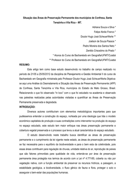 Situação Das Áreas De Preservação Permanente Dos Municípios De Confresa, Santa Terezinha E Vila Rica – MT. Adriana Souza