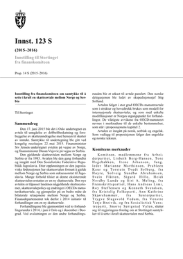 Innst. 123 S (2015–2016) Innstilling Til Stortinget Fra Finanskomiteen